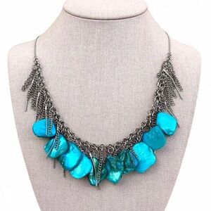 Silver & aqua blue seashell mother of pearl fringe chain necklace